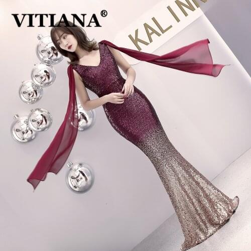VITIANA Women Sequined Sexy Party Long Dress Female V-Neck Sleeveless Trumpet Elegant Night Dresses Femme Noble Banquet Vestidos