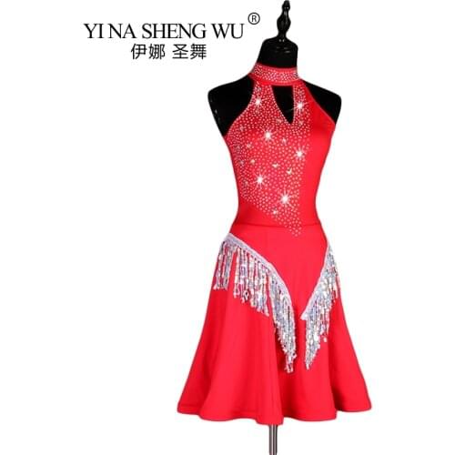 High-end Red Latin Dance Skirt New 1pc Adult Professional Latin Dance Sequins Tassel Rhinestone Dress Children Can Be Customized
