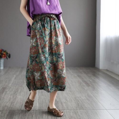 21New Skirts Women Summer Mori Girl Style Print Loose Elastic Waist Drawstring Female Mid-Calf Length A-Line Skirt Fashion