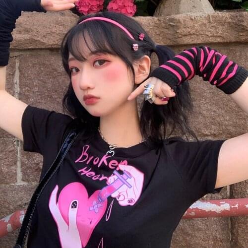 Cute Cartoon Sweet Girls Punk Sexy Tops Broken Heart Harajuku Casual Ultra Short Gothic Japan Y2k Chic Women Streetwear T-shirt