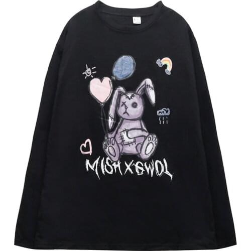 Black Punk Style Patch Rabbit Sweet Girl Womens Loose Long Sleeve Shirt Winter Sweatshirt Black & White Cool