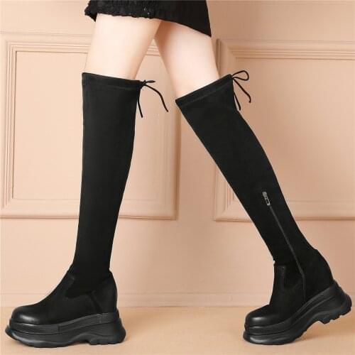 Women Genuine Leather Wedges High Heel Over The Knee High Boots Female Round Toe Chunky Platform Pumps Thigh High Warm Creepers