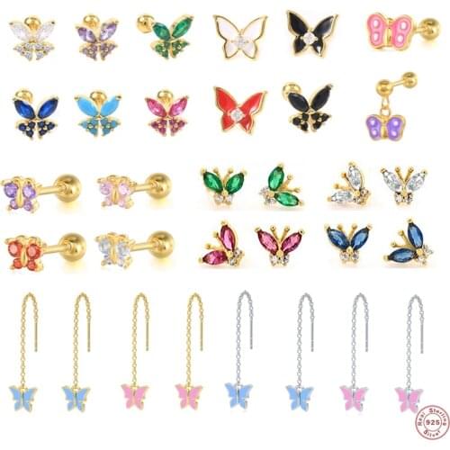 Pendientes plata 925 Sterling Silver Coloful Zircon Butterfly Earring For Women Dripping Oil Butterflies Piercing Stud Earrings