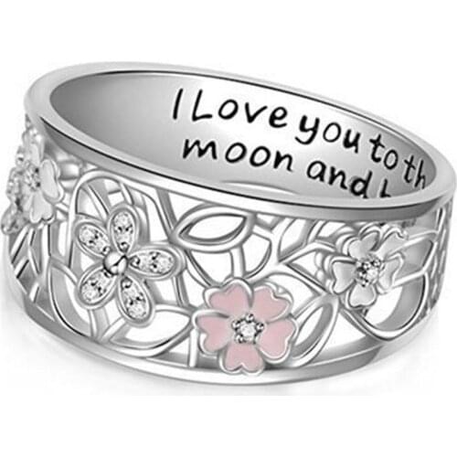 Hollow Flower Carving CZ Ring Ladies Engagement Ring Pink Flowers Carving Party Ladies Fashion Accessories Anniversary Gift
