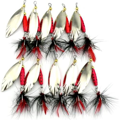 10PCS hard metal sequin spinner spoon jig fishing lures bass wobble 4# fishing feather hooks fishing baits tackles