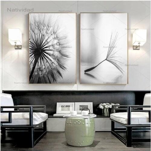 Frameless Canvas Painting Black and White Dandelion Flower Art Pictures for Home Decoration Living Room Nordic Wall Poster