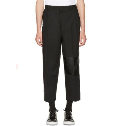 New spring/summer mens casual pants black loose straight pants nine quarter pants single knee leather stitching fabric design