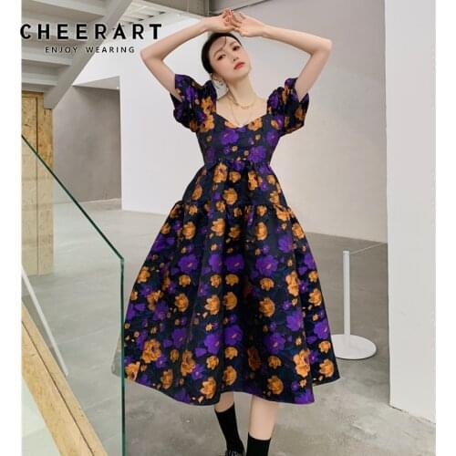 CHEERART Vintage Puff Sleeve Purple Floral Long Spring Summer 2021 Dress Tunic Square Neck Ball Gown Short Sleeve Elegant Dress