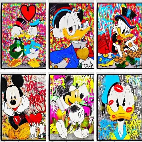 Disney Cartoon Canvas Painting Mickey Mouse and Donald Duck Graffiti Posters Prints Wall Art Pictures for Living Kids Room Decor