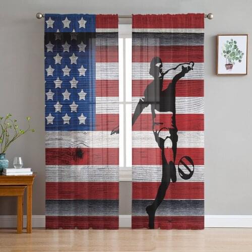 Retro Wood American Flag Football Player Voile Tulle Sheer Curtains for Bedroom Living Room Kitchen Decor Window Curtain