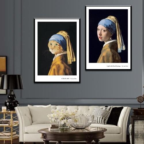 Creative Girl / Cat With A Pearl Earring Canvas Paintings Wall Art Pictrues On The Wall Poster Wall Painting Living Room Decor
