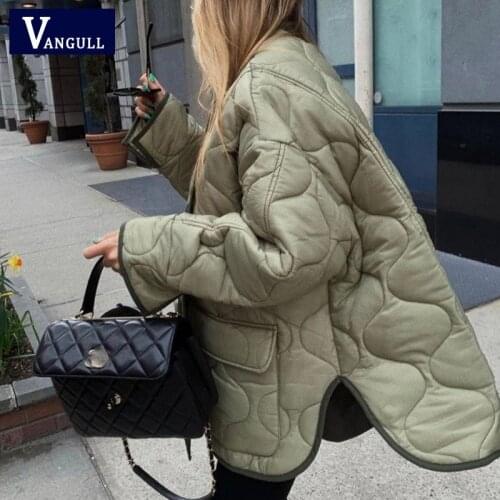 Vangull Single Breasted Pocket Women Jackets Winter Lightweight Loose Parkas Oversize Female Coats O-Neck Long Sleeve Outwear
