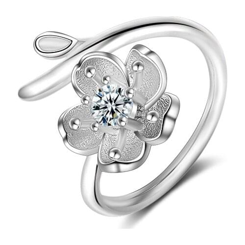 Top Fashion Cute Flower 925 Sterling Silver Crystal Rings For Woman Party Jewelry Gift Exquisite Wedding Adjustable Ring