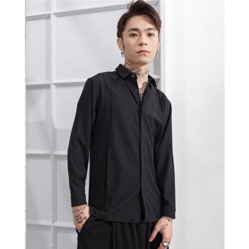 Split hem Black High Street Style Black Long Sleeve Shirt New Mens shirt in spring and summer