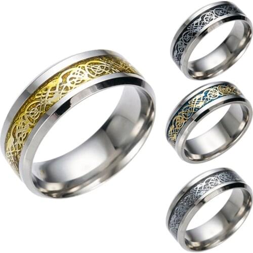 Anillos Кольца 2021 Тренд Men Stainless Steel Rings Black Carved Design Chinese Dragon Inlay Titanium Steel Rings Comfort Fit