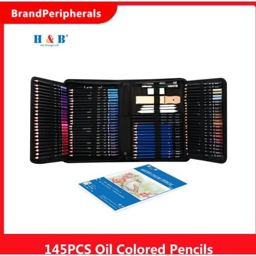 H&B 145PCS Professional Oil Colored Pencils and Sketch Set Charcoal Graphite Pencil Eraser Extender Draw Paper Carrying Bag