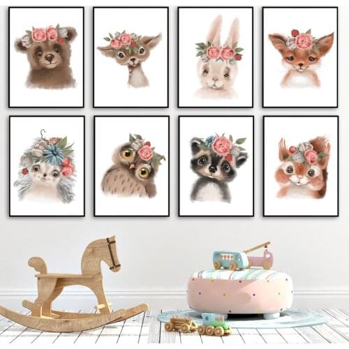 Deer Raccoon Fox Rabbit Bear Owl Nursery Wall Art Canvas Painting Nordic Posters And Prints Wall Pictures Baby Kids Room Decor