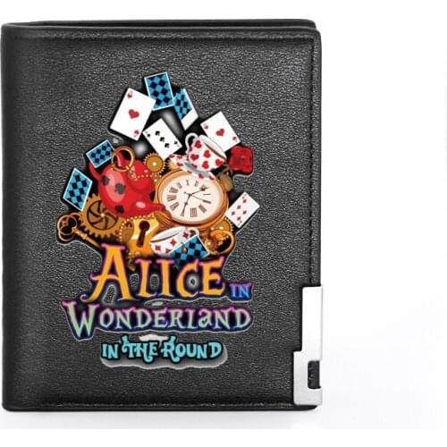 2021 New Arrivals Cute Alice in Wonderland Printing Leather Mens Wallet Credit Card Holder Short Male Slim Purse