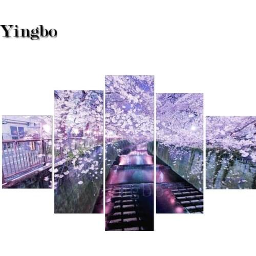 Full Square Round 5D DIY Diamond Painting 5 Panel Cherry tree landscape Diamond Embroidery Cross Stitch Diamond Mosaic decor