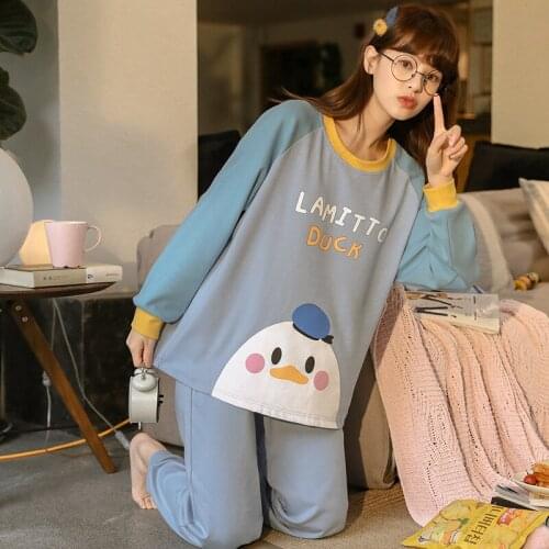 Casual Oversized Homewear Refreshing Blue Womens Pajamas Set Cute penguin Cartoon Sleepwear Women Cotton Long Sleeve Pijamas
