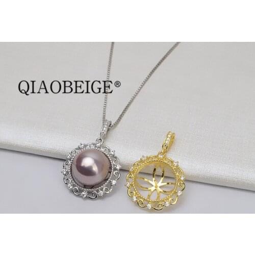 QIAOBEIGE Round Pendant for Pearl Jewelry Findings Cubic Zirconia Silver 925 Semi Mount Pendant Base flower 13-14 round