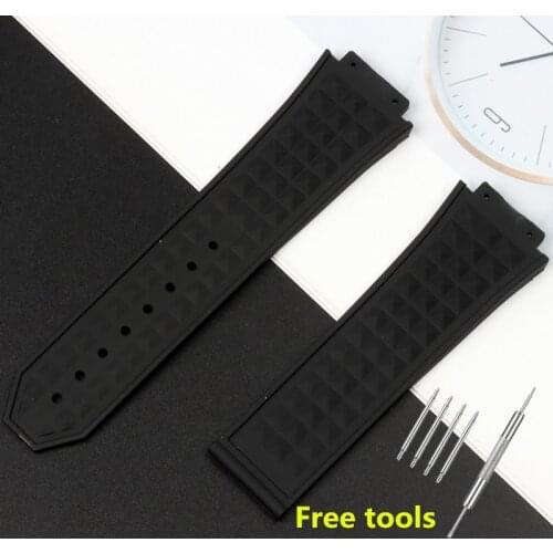 26*19mm black diamond Silicone Rubber Watchband Wrist Bracelet steel butterfly Buckle For Hublot strap for Big Bang watch band