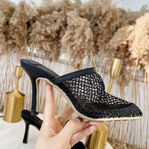 New Sexy Fashion High-heeled Sandals Female Summer Simple Mesh Fish Mouth Half-drag Panel Sandals Banquet Night Womens Shoes