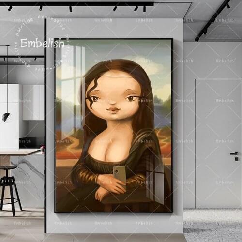Embelish 1 Pieces Cartoon Mona Lisa Illustration Wall Art Pictures For Living Room HD Canvas Oil Painting Home Decor Posters