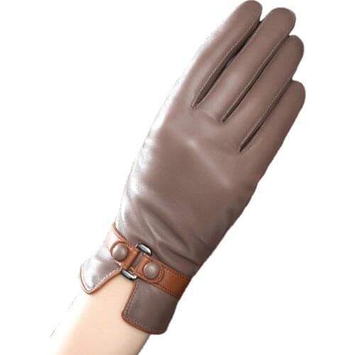 Genuine leather mittens winter warm sheepskin touch screen gloves plus velvet driving gloves female