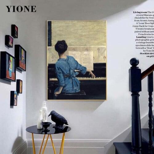 Vintage Playing the Piano Girl Canvas Painting Classic European and American Figure Poster Wall Art Print Picture for Room Decor