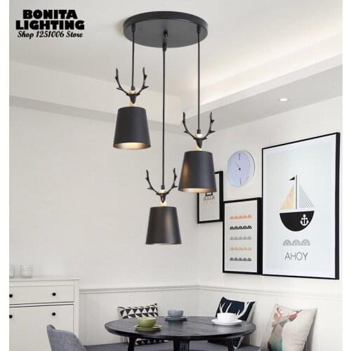 Iron pendant lamp nordic Antler hanging lights for dining room Deer head wood droplight Black white cute deer cord pendant light