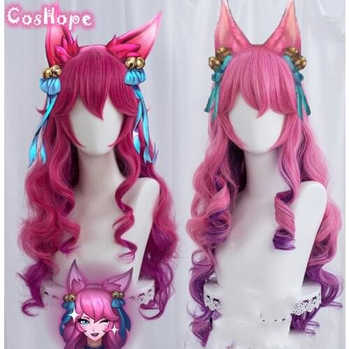 Spirit Blossom Ahri Cosplay LOL Cosplay Women 70cm Long Curly Wave Wig Cosplay Anime Heat Resistant Synthetic Wigs Halloween