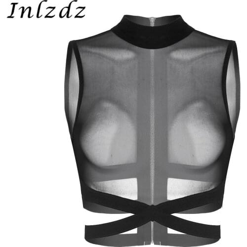 Womens Pole Dance Top Round Neck Sheer Music Festival Rave Clothes Mesh Zipper Back Elastic Strappy Criss Cross Crop Top Shirts