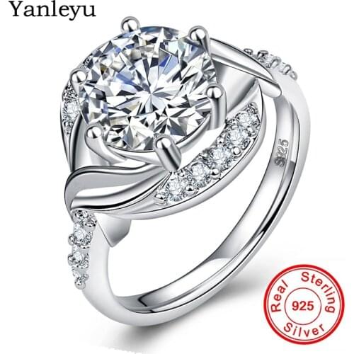 Yanleyu Big Round 10MM 3 carat Cubic Zirconia Wedding Rings for Women Original 925 Sterling Silver Engagement Jewelry Ring PR049