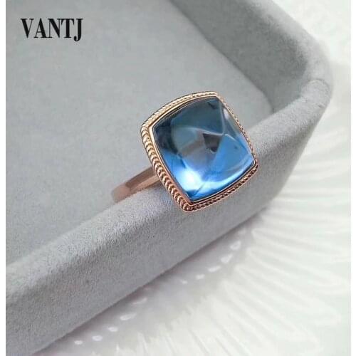 VANTJ Real14K Rose Gold Ring Sterling Blue Topaz Fine Jewelry For Women Engagement Wedding Party Gift