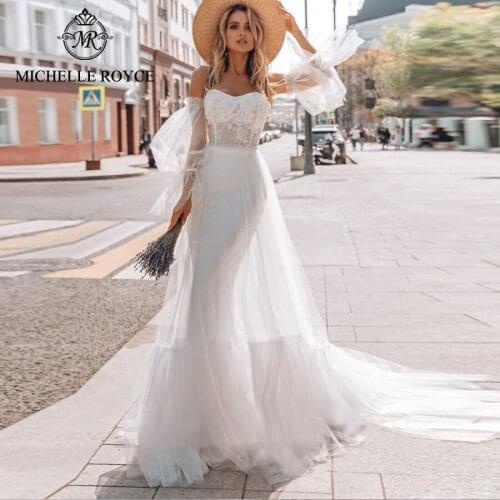 Michelle Royce A-Ling Wedding Dresses 2020 Sexy Sweetheart Detachable Sleeve Button Chapel Train Bridal Gowns Vestido De Noiva