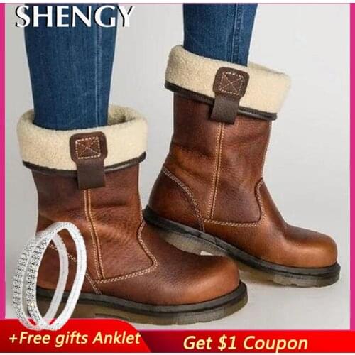 2019 Women Fashion Winter Boots Retro Pleated Warm Fleeces Leather Handmade Ankle Shoes Female Office Party Boots