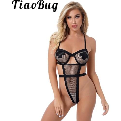 Womens Sexy Bodycon Bodysuit Hollow Out Fishnet Underwire Cup Romper See-through Mesh Adjustable Straps High Cut Erotic Catsuit