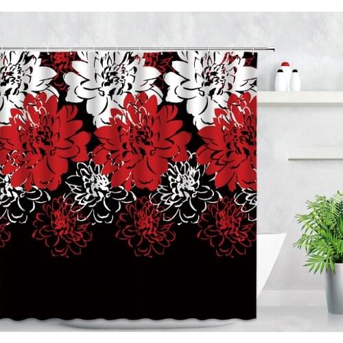 White Red Flowers Abstract Art Shower Curtains Black Background Decor Creative Waterproof Bathroom Curtain Set Hooks Bath Screen
