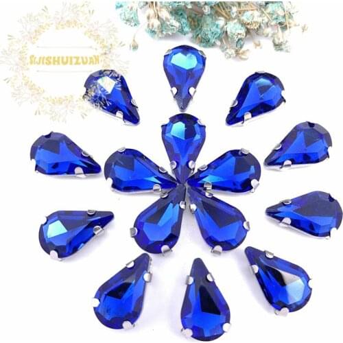 Free shipping! Sapphire blue Water drop shape Glass Crystal sew on rhinestones Diy Clothing accessories 8*13mm 5*8mm 6*10mm