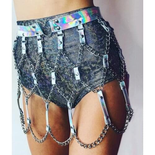 Brilliant Fishnet PU Mini Skirt Sexy Hollow Metal Rivet Link Chain Lady Skirt 2020 Punk Night Party Rave Festival Laser Skirt