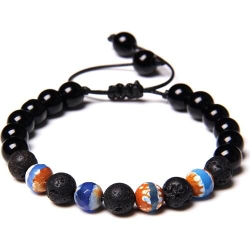 Classic Braided Bracelet Men Natural Lava Stone Tibetan Aagates Beads Bracelet Round Onyx Beaded Bracelet for Women Male Jewelry