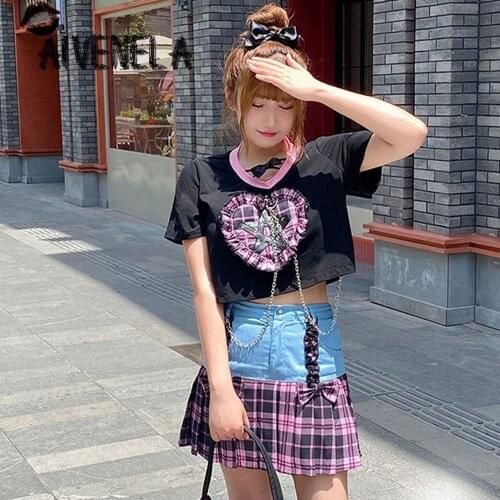 Harajuku Gothic Girl Punk Suit Plaided Mini Hip Skirt Heart Chain T-shirt Tops Cool Hot Girls Chic Clothes Set AFC1073