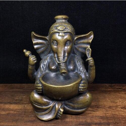 6" Tibet Buddhism Temple Old Bronze Backflow incense Elephant Trunk God of Wealth Buddha Statue personal Elephant head incense