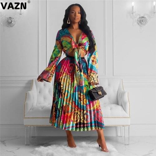 VAZN 2020 Hot List High-end Retro Sexy Holiday Chiffon Full Sleeve Short Top Group Pleated Maxi Skirts Slim Women 2 Piece Set