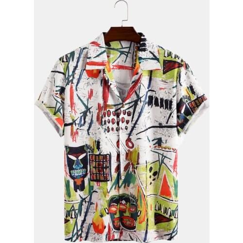 Fashion Fun Graffiti Printed Shirt Mens Korean Cartoon Print Fun Graffiti Short-sleeved Shirt 2021 Summer Mens Shirt Top
