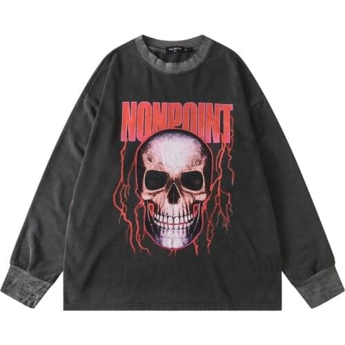 2021 Autumn Dark Streetwear Skull Printed Hip Hop Men T Shirt Washed Long Sleeve Oversized Sweatshirts Pullover Vintage Clothes