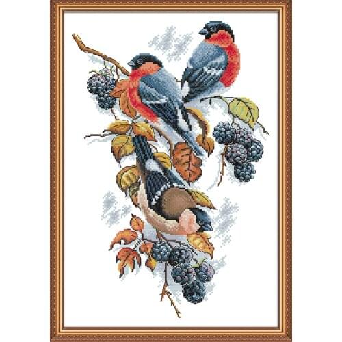 Red bellies Magpies and blackberries cross stitch kit aida 14ct 11ct count print canvas stitches embroidery handmade needlework