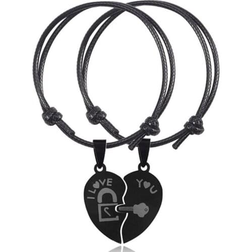 New Couple Bracelets For Women And Men Heart Black Stainless Steel Key Lock Two Halves Paired Bracelet Fashion Jewelry 2PCs/set