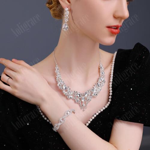 New Rhinestone Crystal Bridal Jewelry Sets for Women Necklace Earrings Bracelet Set Wedding Jewelry Accessories for Prom Party